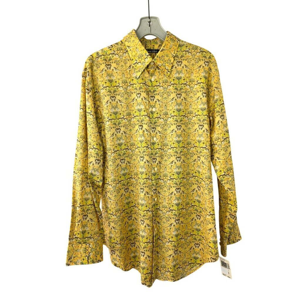 Northern Isles Cotton Shirt Men L Pale Yellow Bird Floral Print VTG Style NWT